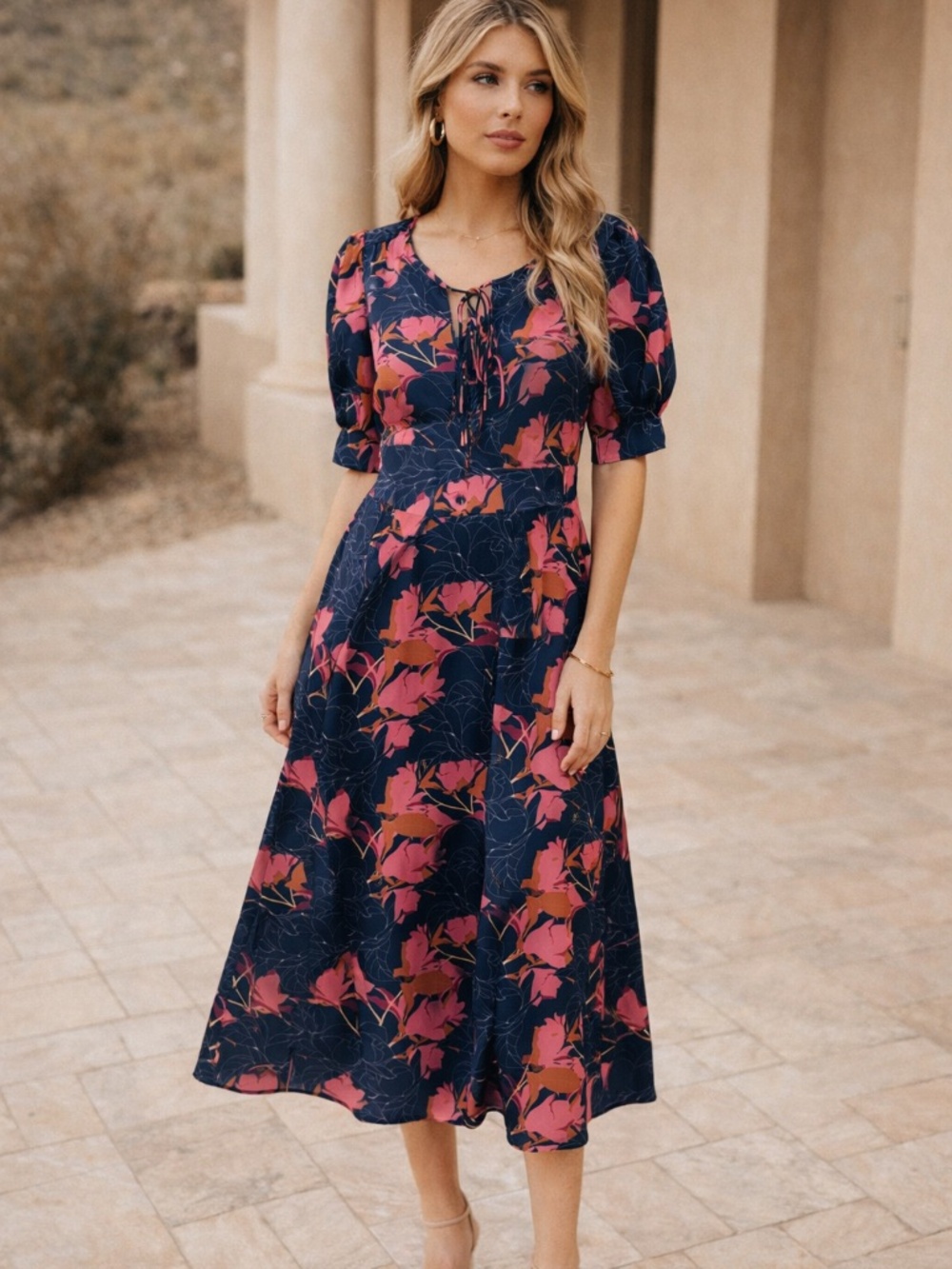 Bohme Navy and Pink Floral Satin Midi Dress Size M Ruched Sleeves Fit and Flare